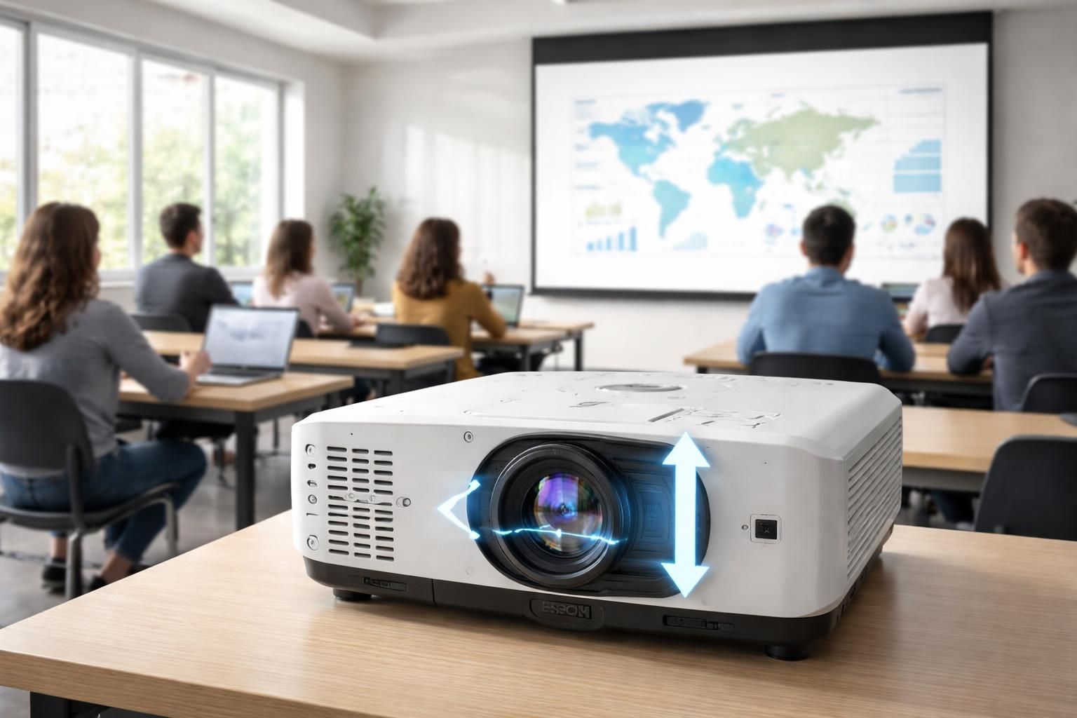 découvrez comment le réglage lens shift d'un vidéoprojecteur epson optimise la projection en salle de cours pour une image nette et parfaitement positionnée.
