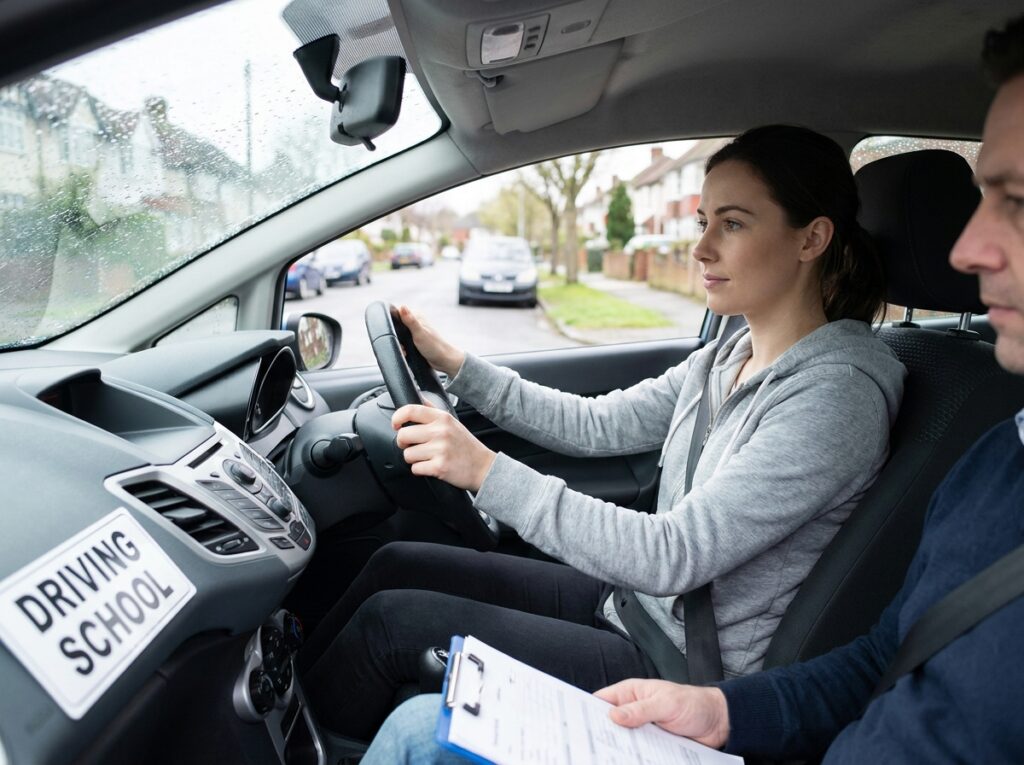 Femme en cours de conduite accompagnée dans un véhicule auto-école, apprenant à conduire pour décrocher son permis et accéder à l'emploi