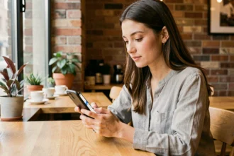 Jeune femme accédant à une plateforme en ligne via son smartphone dans un café moderne