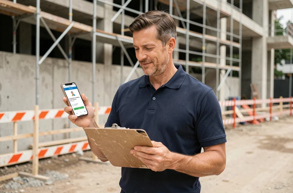 Professionnel du bâtiment consultant son certificat de réussite en ligne sur smartphone directement sur un chantier de construction