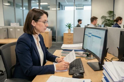 Assistante de section officer travaillant sur un poste informatique double écran avec logiciels bureautiques dans un bureau administratif moderne