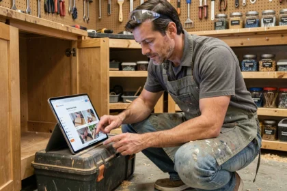 Bricoleur amateur consultant un tutoriel DIY sur tablette dans un atelier maison organisé avec des outils accrochés au mur