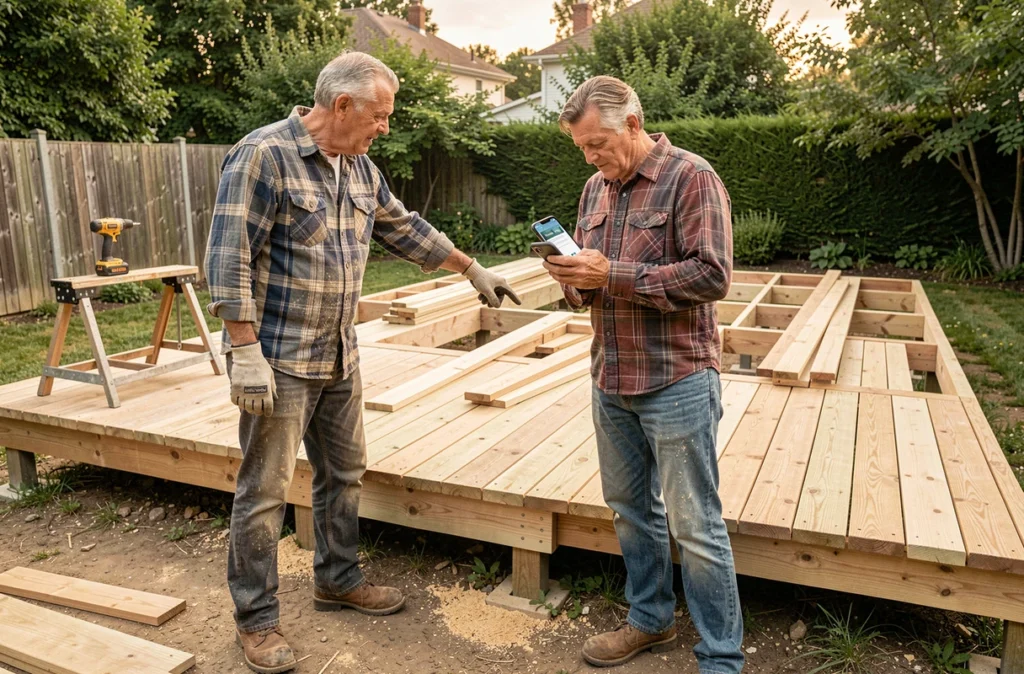 Deux bricoleurs amateurs consultant un site de bricolage en ligne sur smartphone lors de la construction d'une terrasse en bois