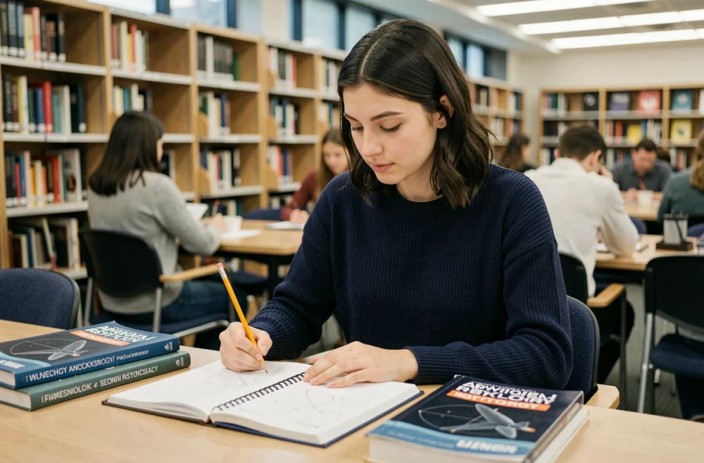 Étudiante candidate cadet Air France résolvant des exercices de raisonnement spatial dans une bibliothèque universitaire