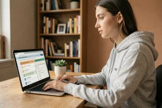Jeune femme révisant le code de la route sur une application en ligne depuis son bureau à domicile