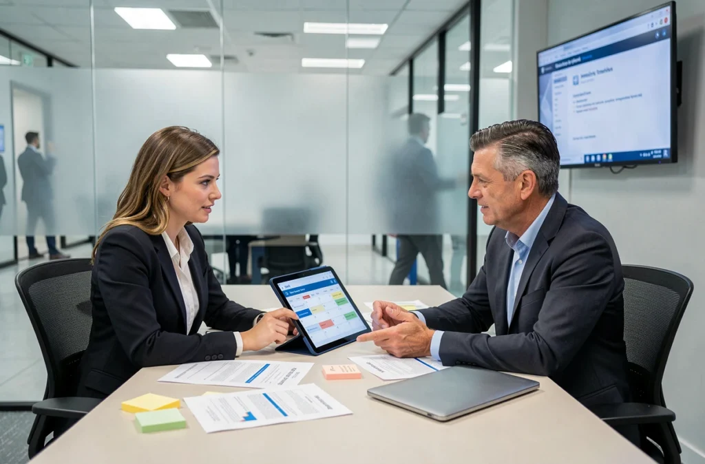 Deux agents administratifs en réunion collaborant sur une tablette avec outils de gestion de tâches et calendrier numérique dans une salle de réunion vitrée