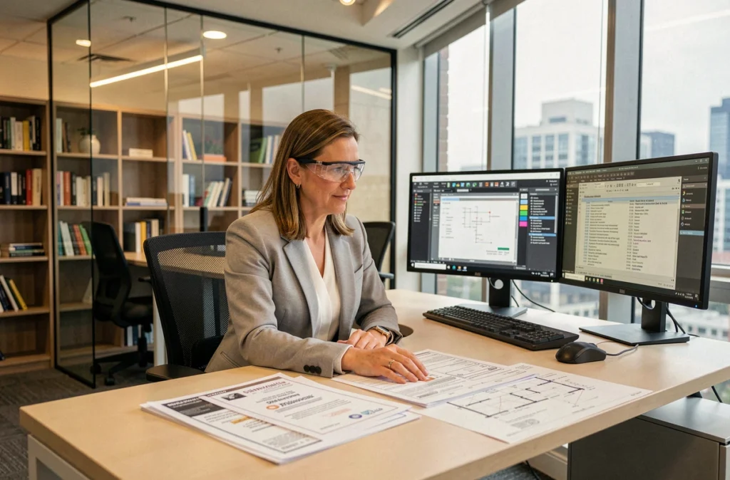 Consultante en performance énergétique des bâtiments analysant des certificats et plans architecturaux dans un bureau technique moderne
