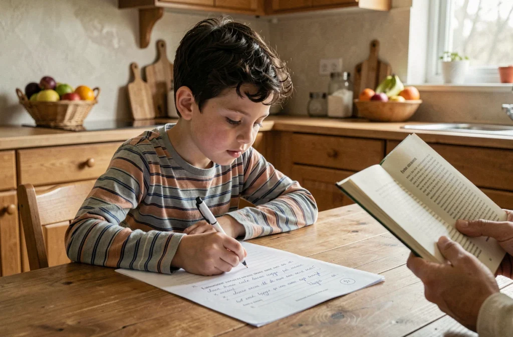 Enfant en difficulté scolaire faisant une dictée différenciée à la maison avec un adulte