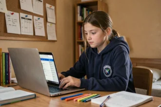 Adolescente utilisant l'application Ecole Directe sur un ordinateur portable pour suivre ses projets scolaires depuis sa chambre