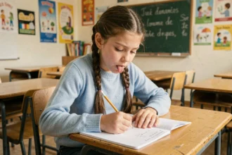 Élève de CM2 concentrée qui écrit une dictée dans son cahier de classe