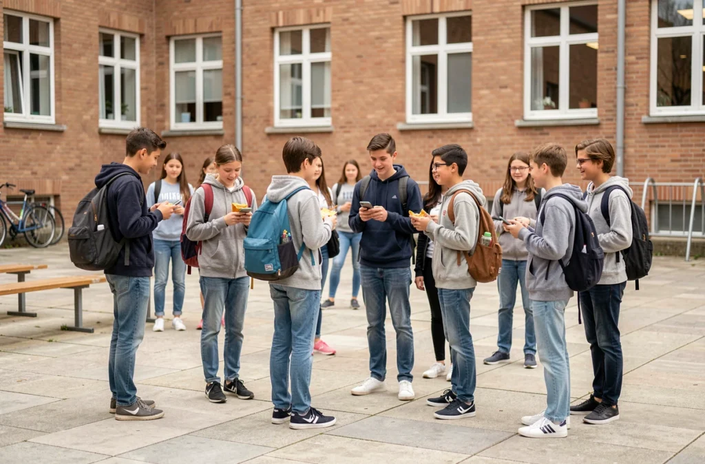 Élèves du collège Braque de Dieppe dans la cour de récréation pendant la pause, ambiance scolaire normande