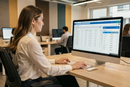 Employée consultant le portail RH ArenA ac Amiens pour gérer ses horaires et sa paie depuis son bureau professionnel