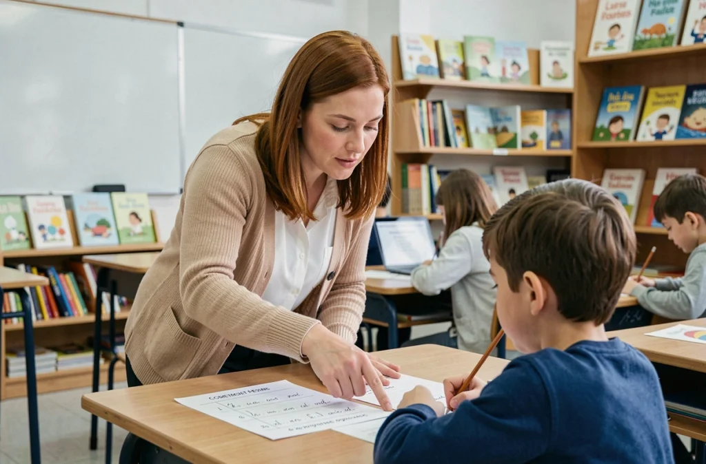 Enseignante aidant un élève de CM2 en difficulté pendant une dictée différenciée en classe