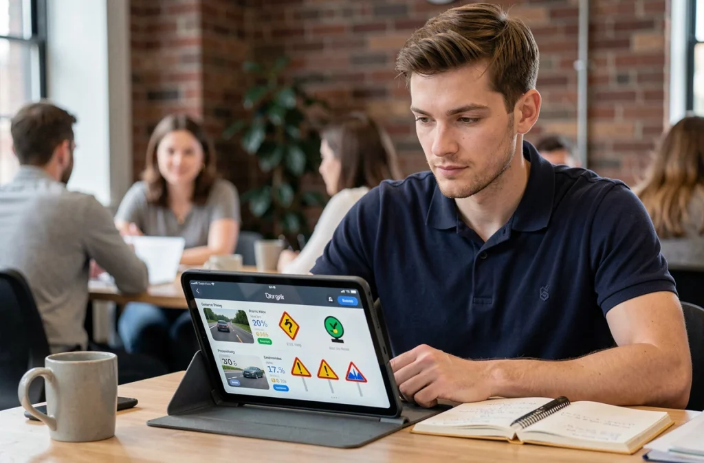 Jeune homme étudiant le code de la route sur tablette dans un espace de coworking moderne