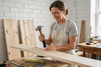 Femme débutante en bricolage assembler une étagère en bois lors d'un cours pratique de bricolage