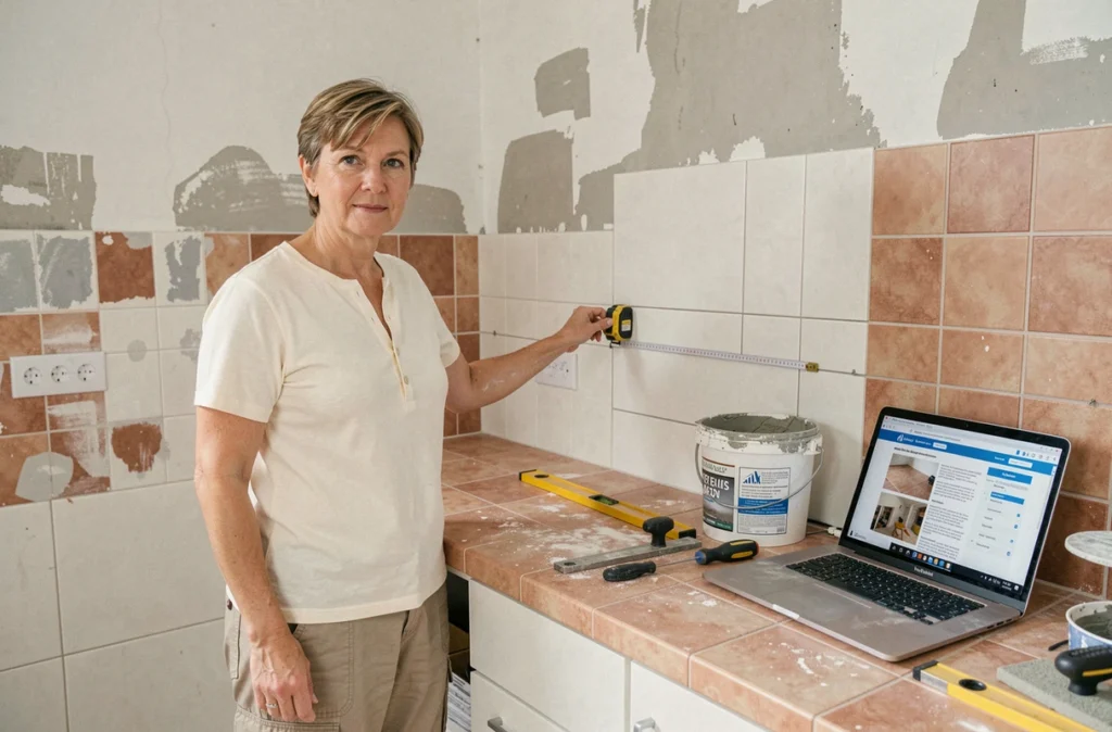 Femme bricolant une rénovation de cuisine en consultant un guide de carrelage en ligne sur ordinateur portable