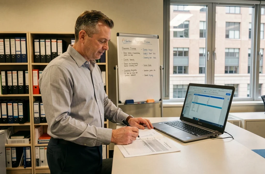 Fonctionnaire masculin analysant des données bureautiques sur ordinateur portable et documents imprimés dans un bureau gouvernemental