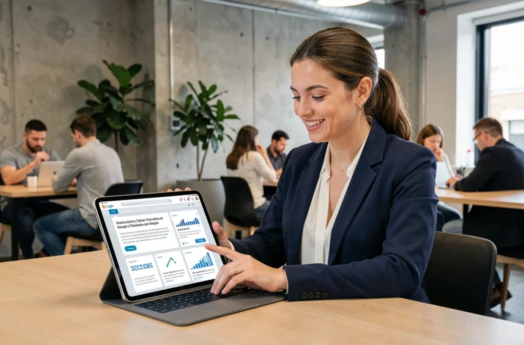 Femme consultant les avis et statistiques d'une plateforme de formation aux métiers du bâtiment sur une tablette en espace de coworking