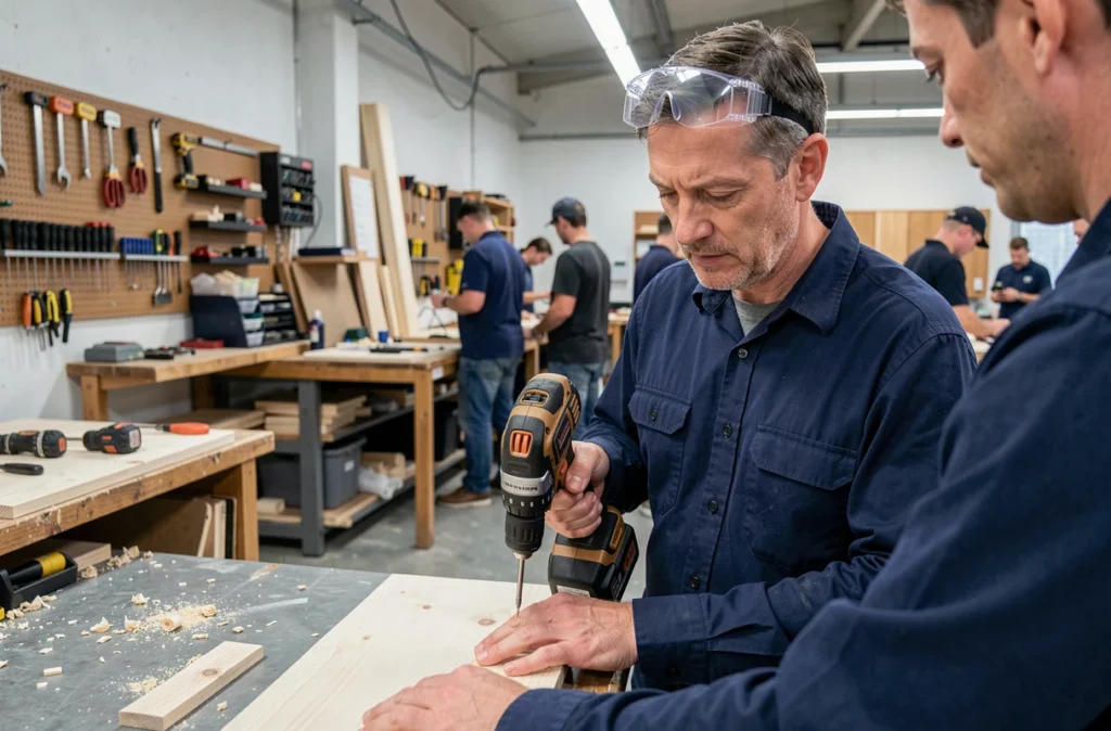 Homme adulte débutant observant une démonstration de perçage lors d'un cours de bricolage en atelier