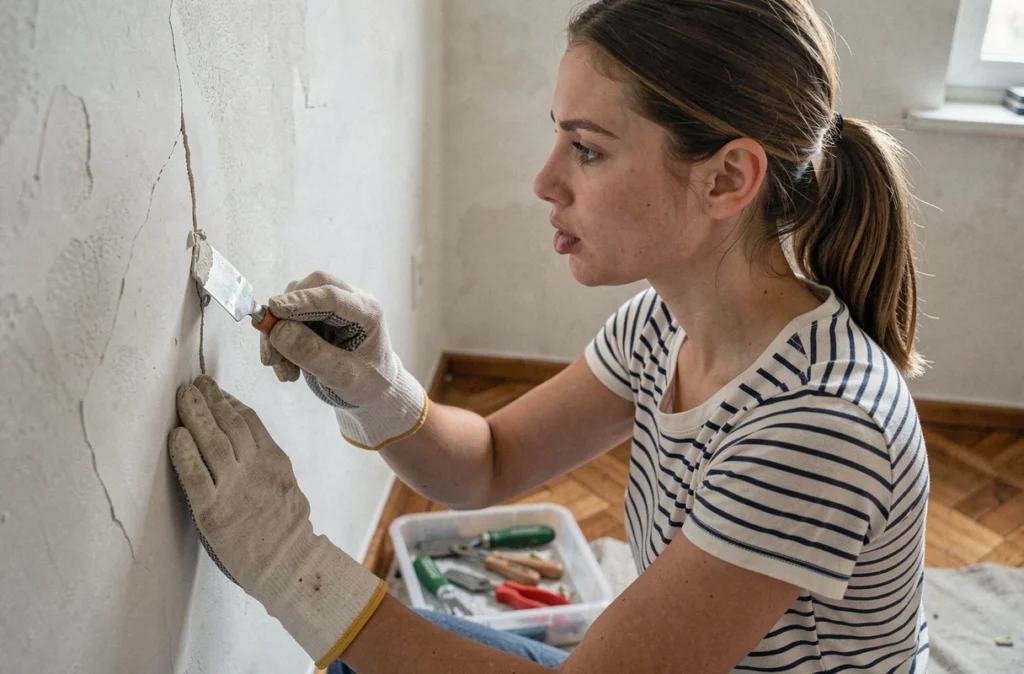 Jeune femme appliquant de l'enduit sur un mur lors d'un cours de bricolage pour grands débutants