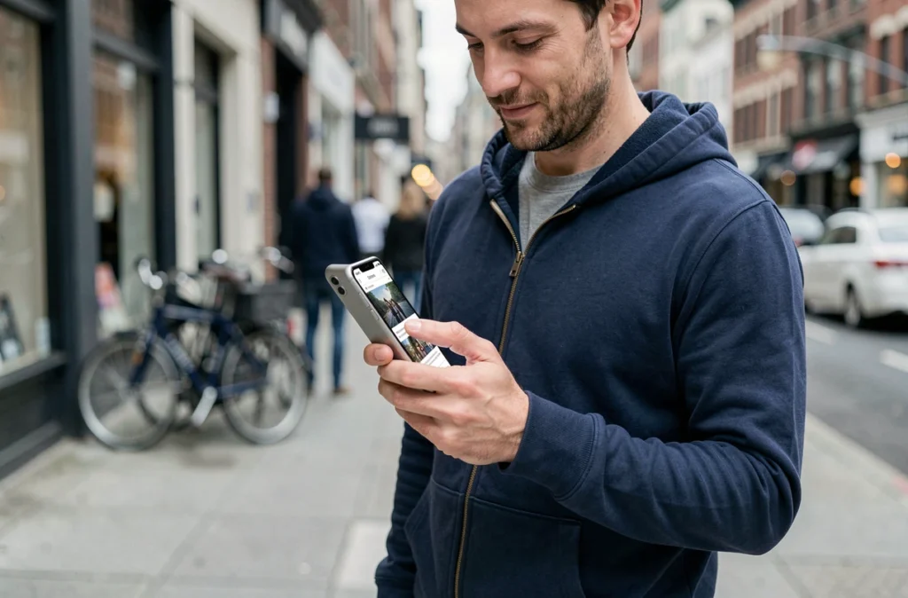 Homme utilisant son smartphone pour naviguer sur une plateforme mobile en pleine rue