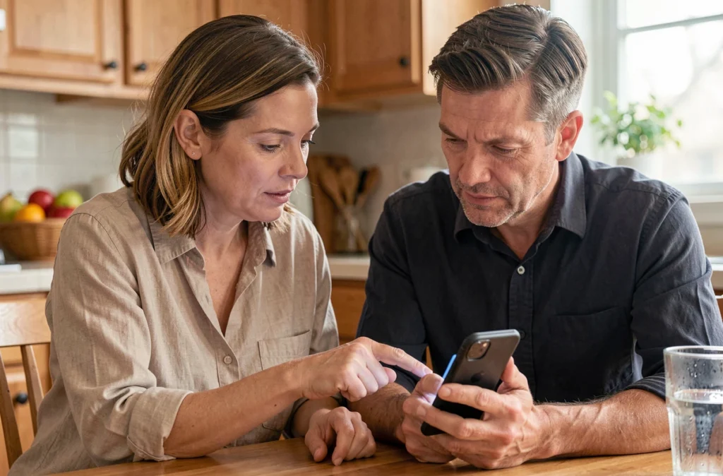 Parents consultant ensemble le carnet de liaison numérique de leur enfant sur smartphone dans leur cuisine