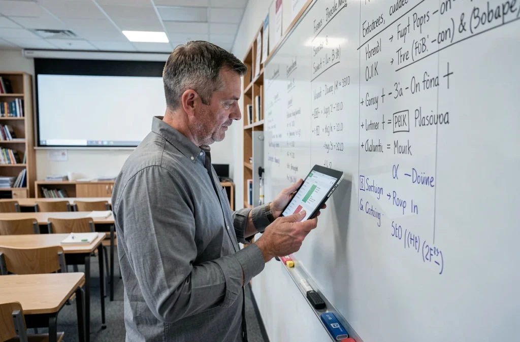 Professeur consultant l'interface de suivi de vie de classe sur une tablette numérique dans une salle de cours