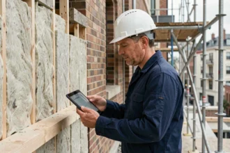 Professionnel du BTP en veste technique examinant l'isolation thermique d'un bâtiment lors d'un audit énergétique sur chantier