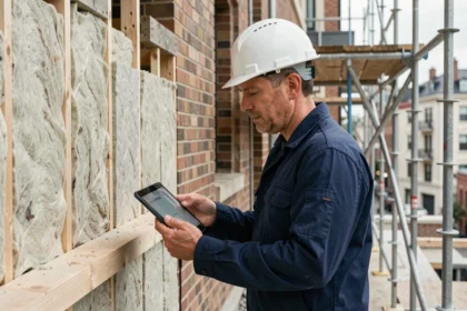 Professionnel du BTP en veste technique examinant l'isolation thermique d'un bâtiment lors d'un audit énergétique sur chantier