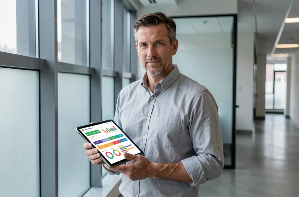 Responsable RH consultant un tableau de bord de carrière et de planning sur tablette dans un couloir administratif moderne