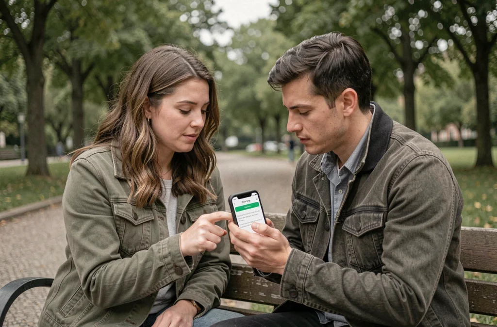 Deux candidats au permis de conduire révisant ensemble le code de la route sur smartphone dans un parc