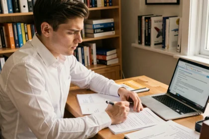 Jeune homme étudiant des supports de révision pour les tests psychotechniques Air France cadet à son bureau à domicile