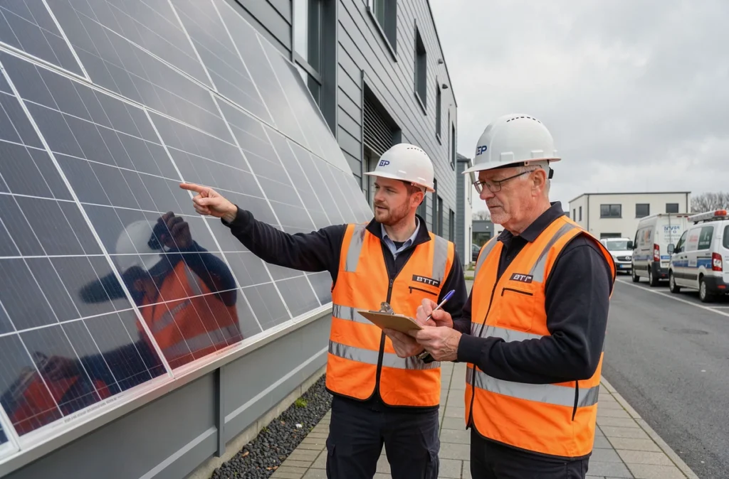Deux techniciens BTP en gilets haute visibilité évaluant l'installation de panneaux solaires et le bardage thermique d'un bâtiment basse consommation
