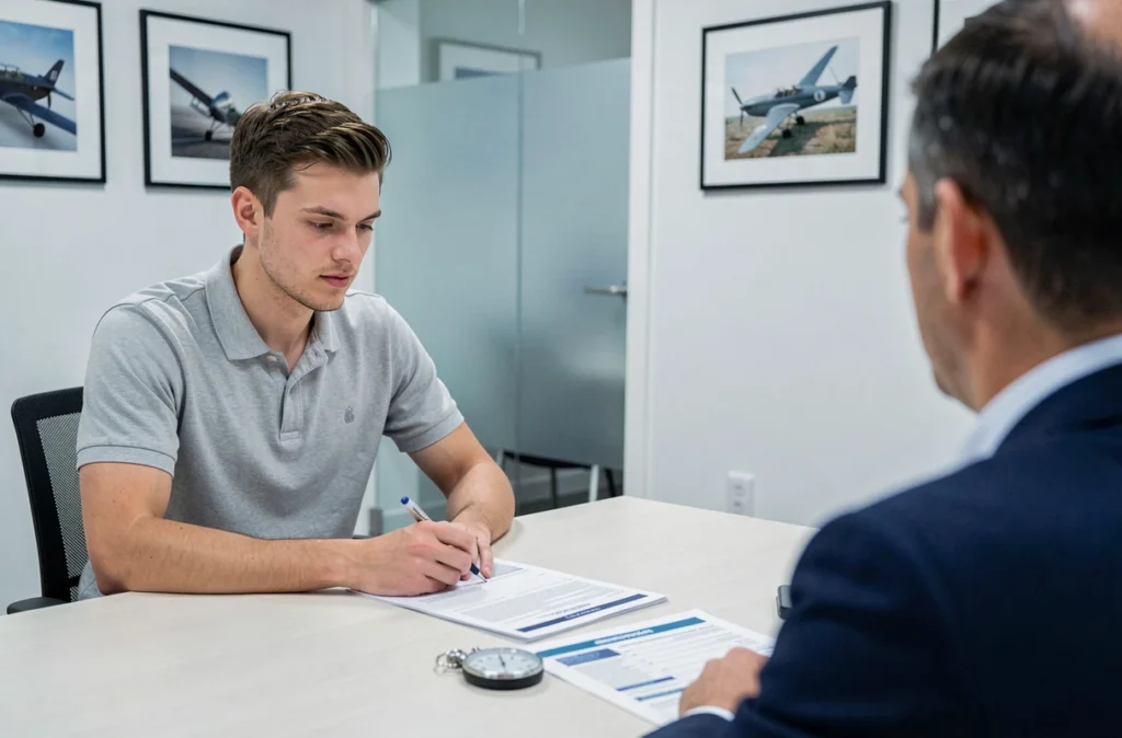 Candidat pilote cadet Air France passant un test psychotechnique lors d'une session d'évaluation officielle