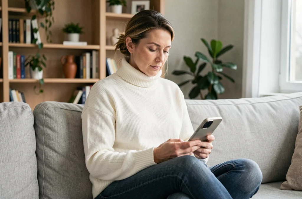 Femme consultant une plateforme en ligne depuis son smartphone confortablement installée chez elle