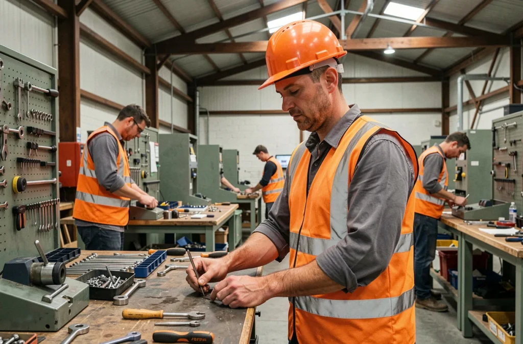 Stagiaire en gilet orange pratiquant une compétence technique dans un atelier de formation AFPA en Île-de-France