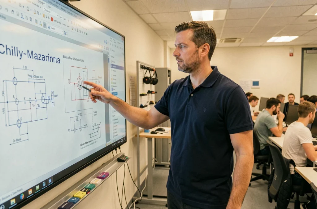 Formateur devant un tableau numérique avec des schémas techniques au Centre Gustave Eiffel de Chilly-Mazarin
