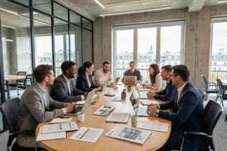 Groupe de professionnels adultes en formation dans un centre moderne d'Île-de-France, autour d'une table avec ordinateurs portables et documents