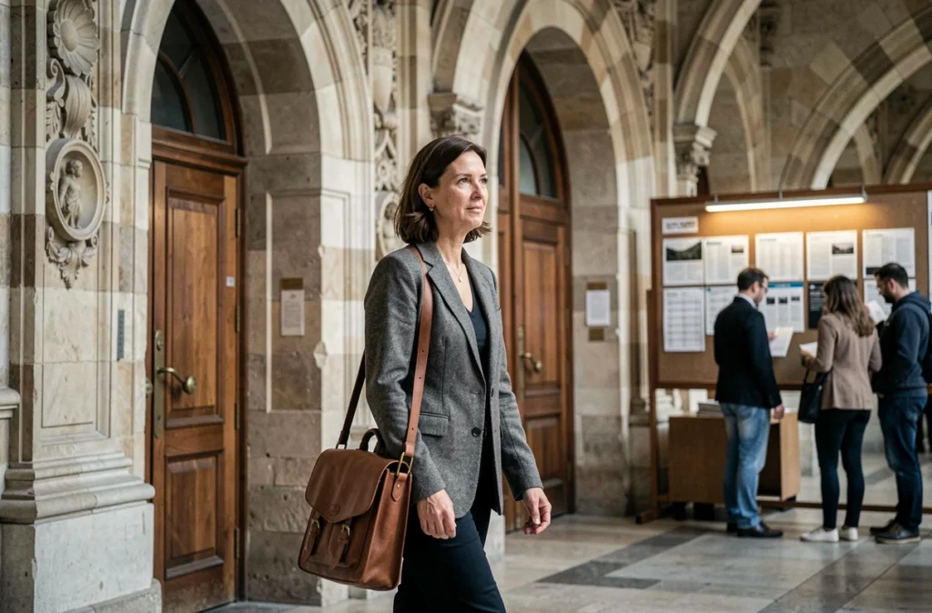 Étudiante adulte dans les couloirs historiques en pierre du CNAM Île-de-France à Paris