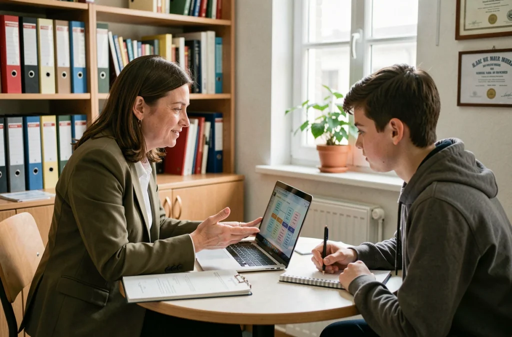 Conseillère d'orientation expliquant les métiers STMG à un lycéen lors d'un entretien dans un bureau de guidance scolaire