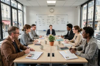 Groupe d'adultes suivant un cours d'anglais dans une salle de classe moderne en Loire-Atlantique