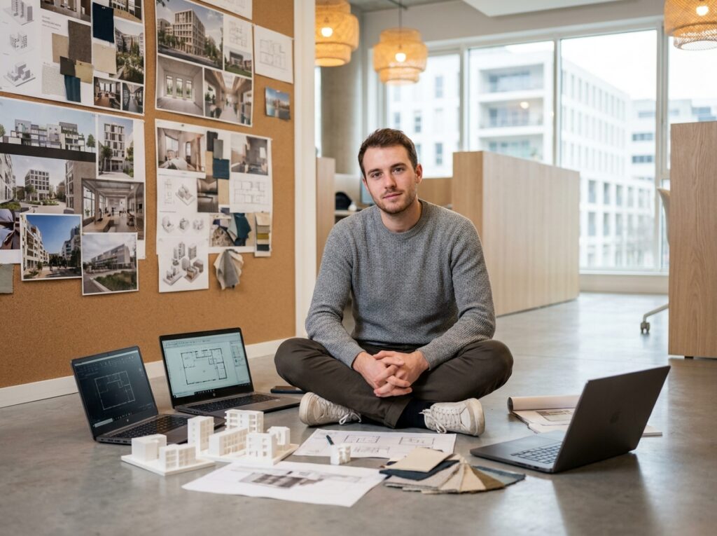 Étudiant en design d'intérieur entouré de maquettes et de moodboards dans un espace de coworking moderne à Montpellier