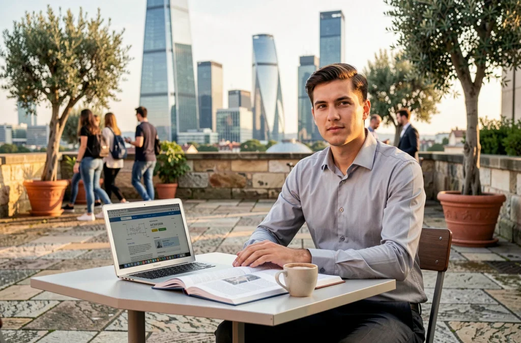 Étudiant ingénieur consultant un classement d'écoles sur son ordinateur en terrasse avec vue sur une ville internationale