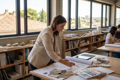 Étudiante en architecture d'intérieur travaillant sur des plans dans un studio de design moderne à Montpellier