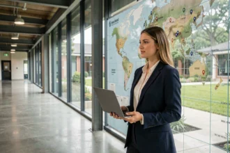 Étudiante en école d'ingénieur devant une carte du monde dans un couloir moderne, illustrant les carrières internationales