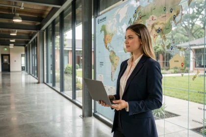 Étudiante en école d'ingénieur devant une carte du monde dans un couloir moderne, illustrant les carrières internationales
