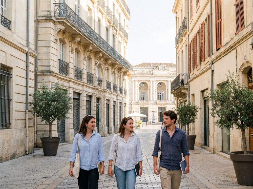 Groupe d'étudiants en architecture se promenant dans les rues historiques du centre de Montpellier