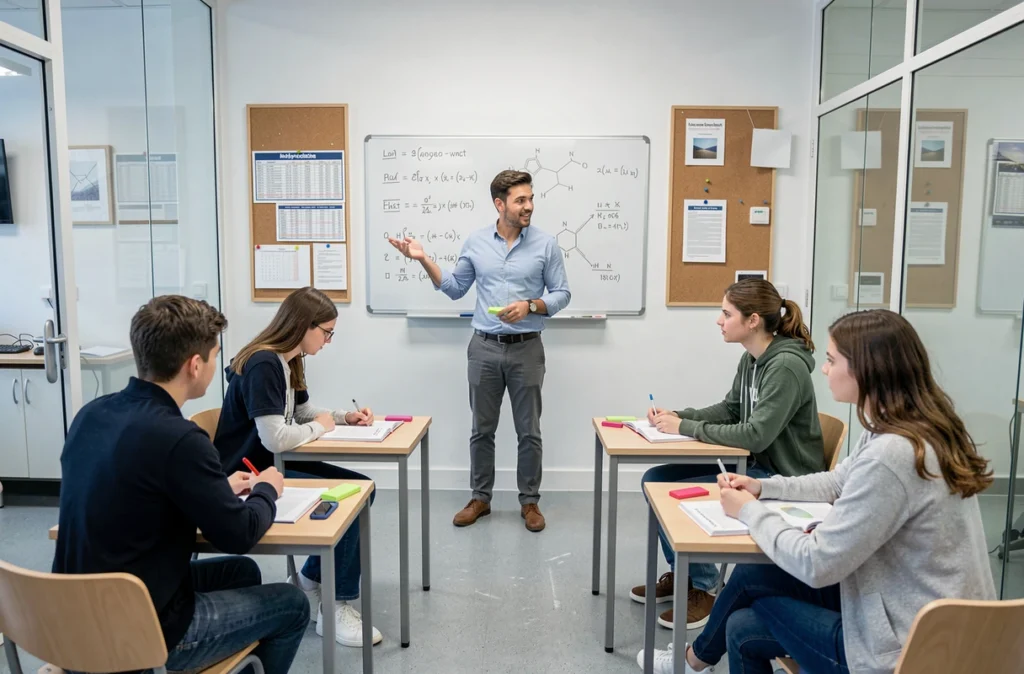 Un professeur explique des équations scientifiques à un groupe d'étudiants en préparation aux concours à Lyon
