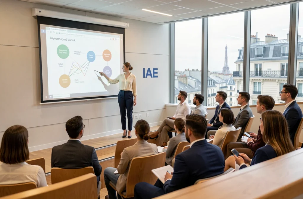 Étudiante présentant une stratégie d'entreprise devant des professionnels dans un amphithéâtre de l'IAE Paris Sorbonne Business School