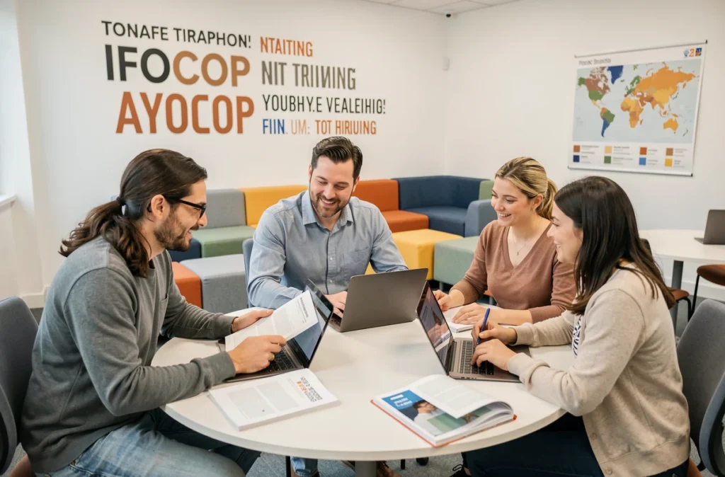 Groupe d'adultes en formation collaborative autour d'une table avec cahiers et ordinateurs dans un centre IFOCOP en Île-de-France